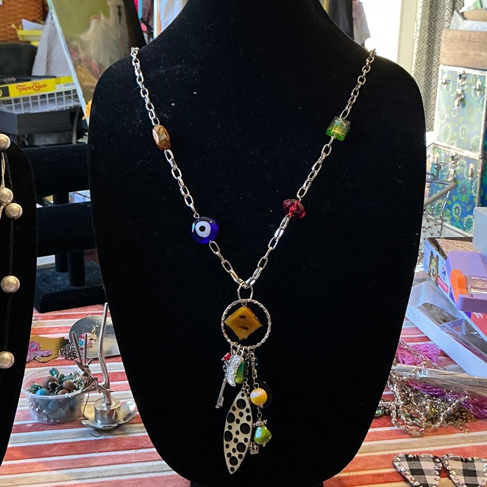 Treska Multicolor Beaded Necklace with Silver Chain Nazar Charm